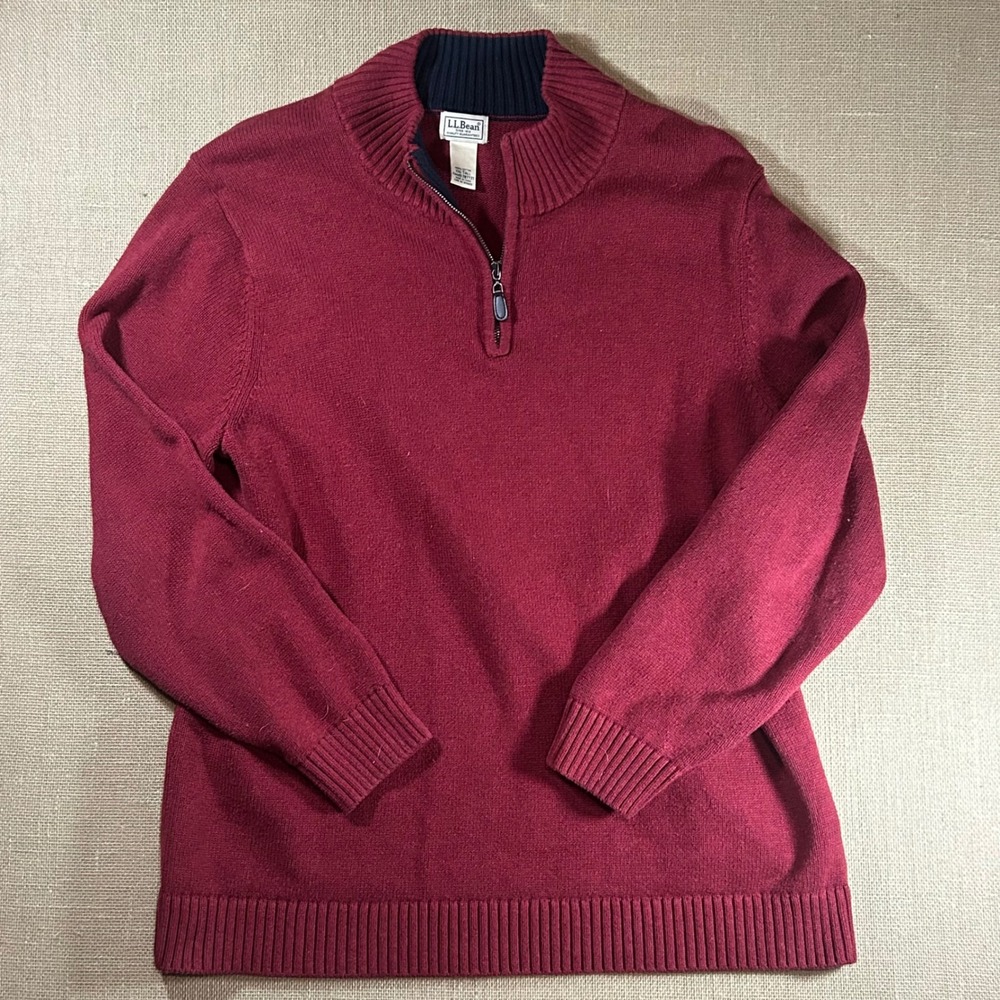 LL Bean Mens XXL Tall Burgundy Red 100% Cotton Quarter Zip Pullover Sweater